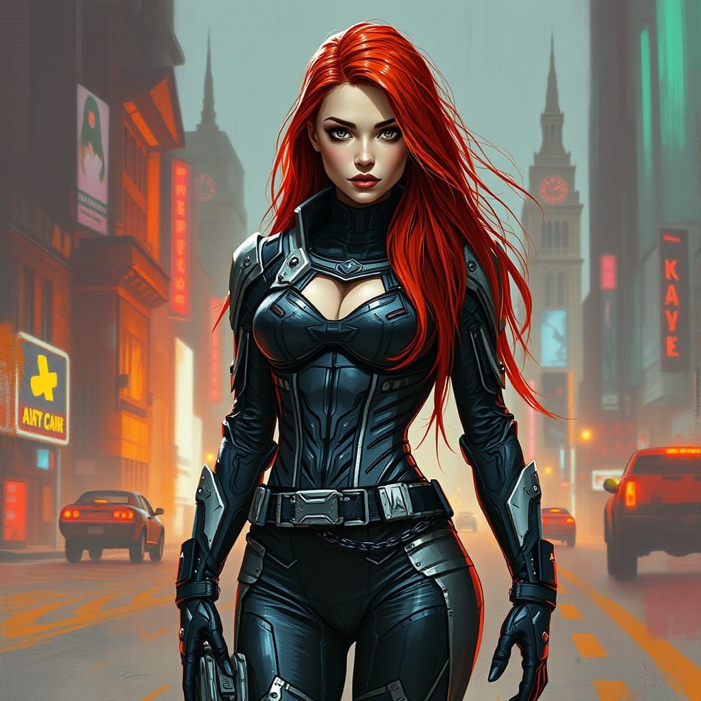 Cyberpunk Warrior Woman in Radiant Red Locks
