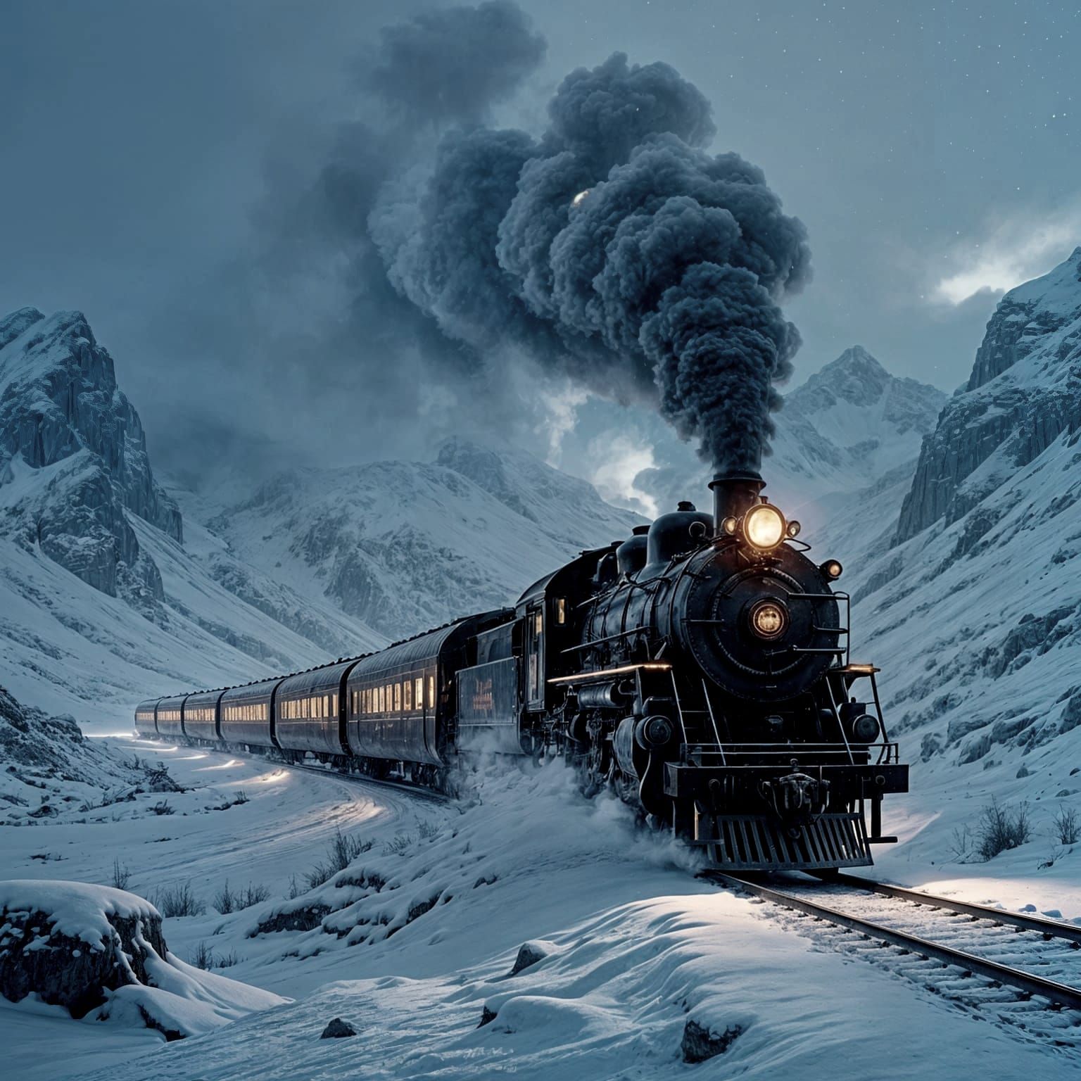 Dark Fantasy Steam Train in Snowy Mountains