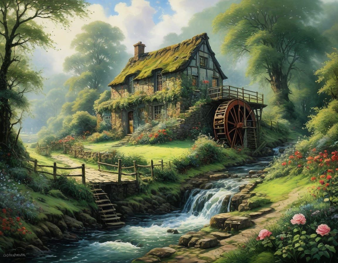 Impressionist Cottage Scene with Waterwheel and Vines