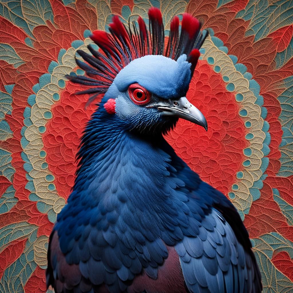 This close-up shot of a Victoria crowned pigeon showcases its striking blue plumage and red chest. Its crest is made of ...