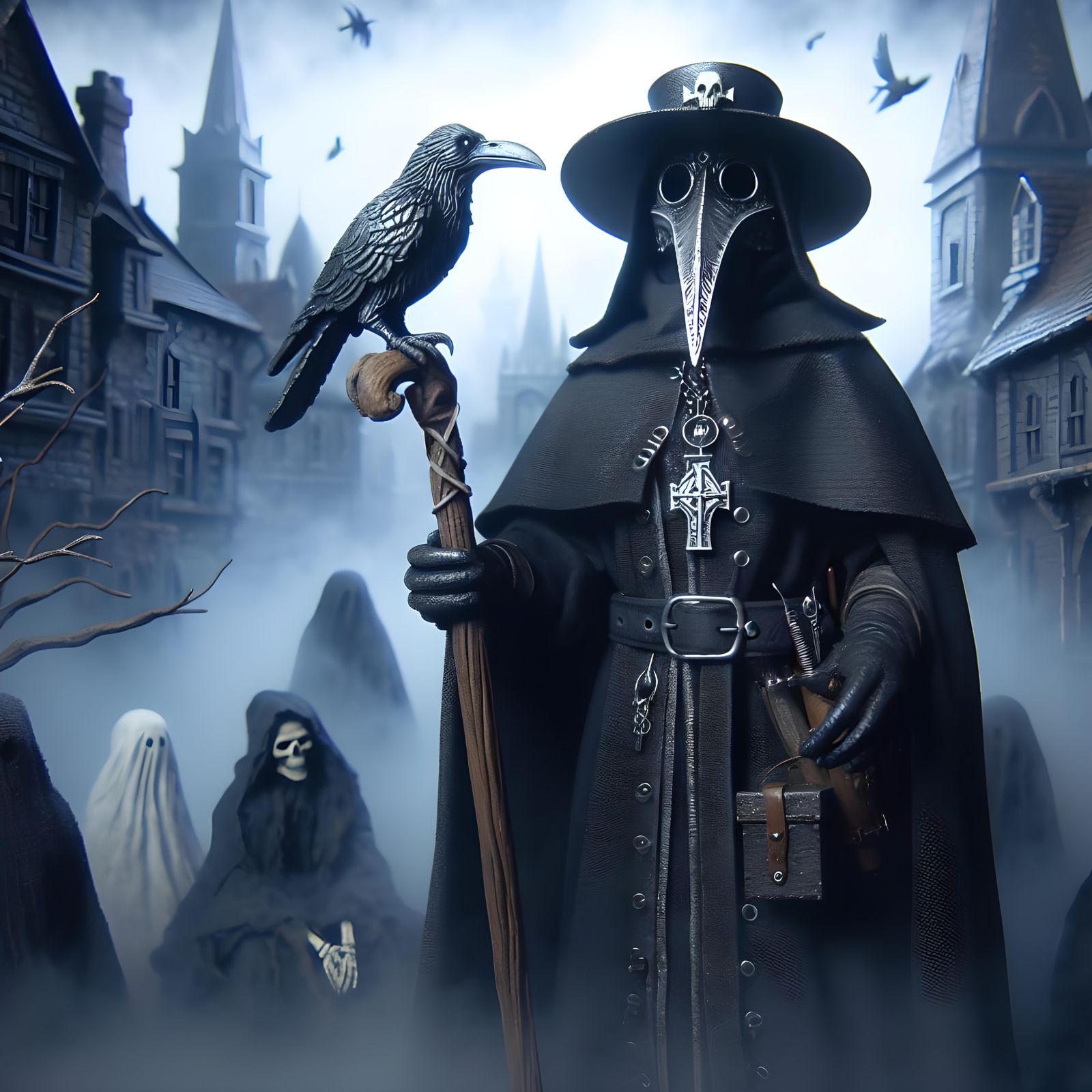 Ominous Plague Doctor in Fog-Shrouded Town