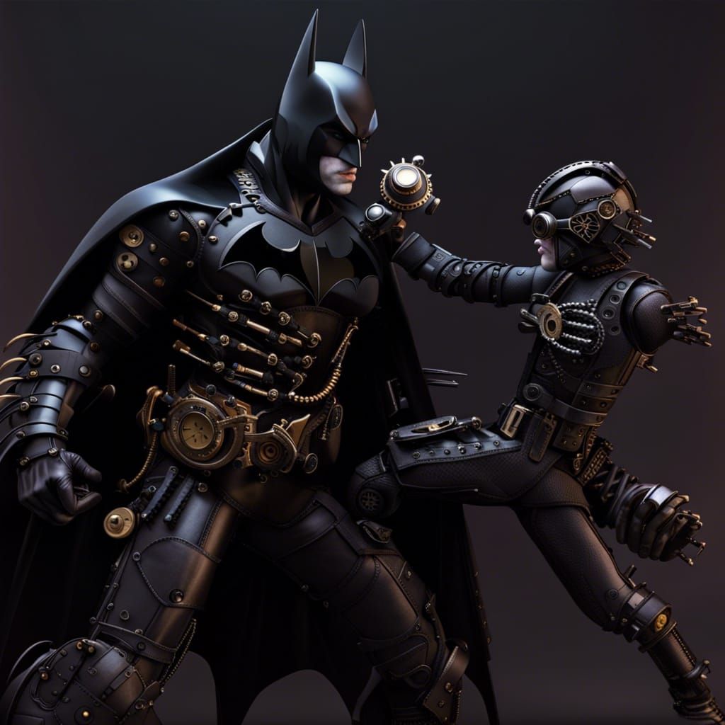 Steampunk Bionic Batman Punches Joker in Stealth Black