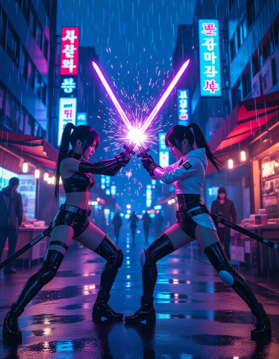 Cyberpunk Girls Sword Fight in Neon Rain