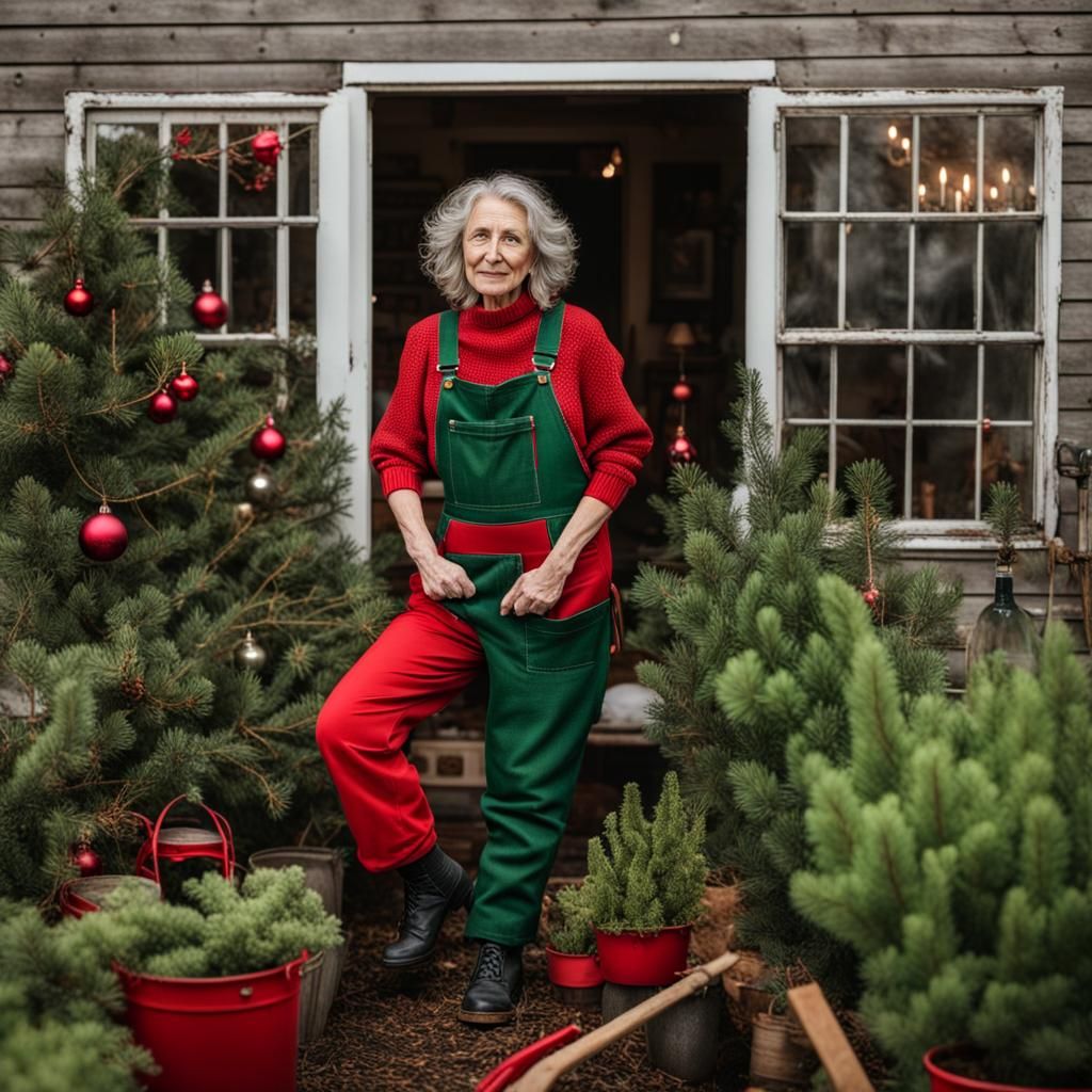 Christmas Overalls in Winter Garden: Cottagecore Portrait