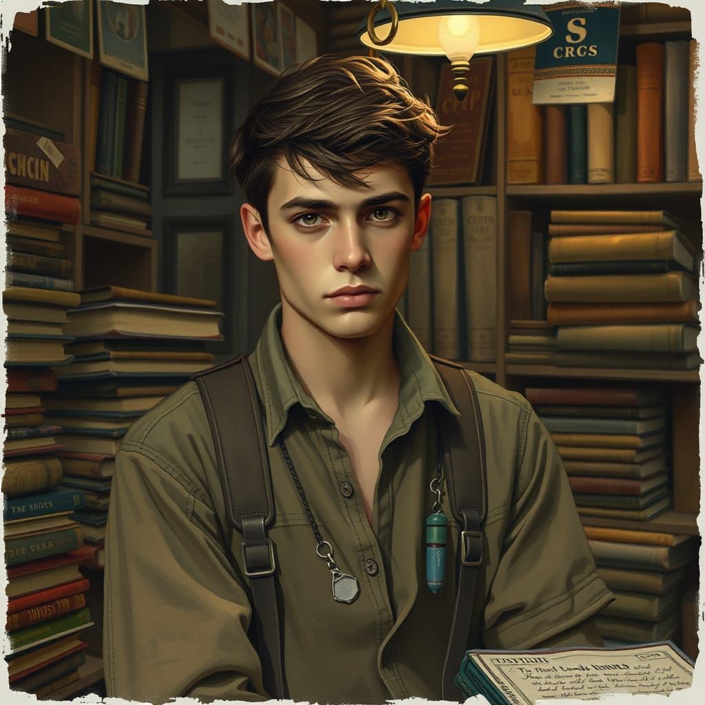 Melancholic Bookseller in Lamplight, Atmospheric Portrait