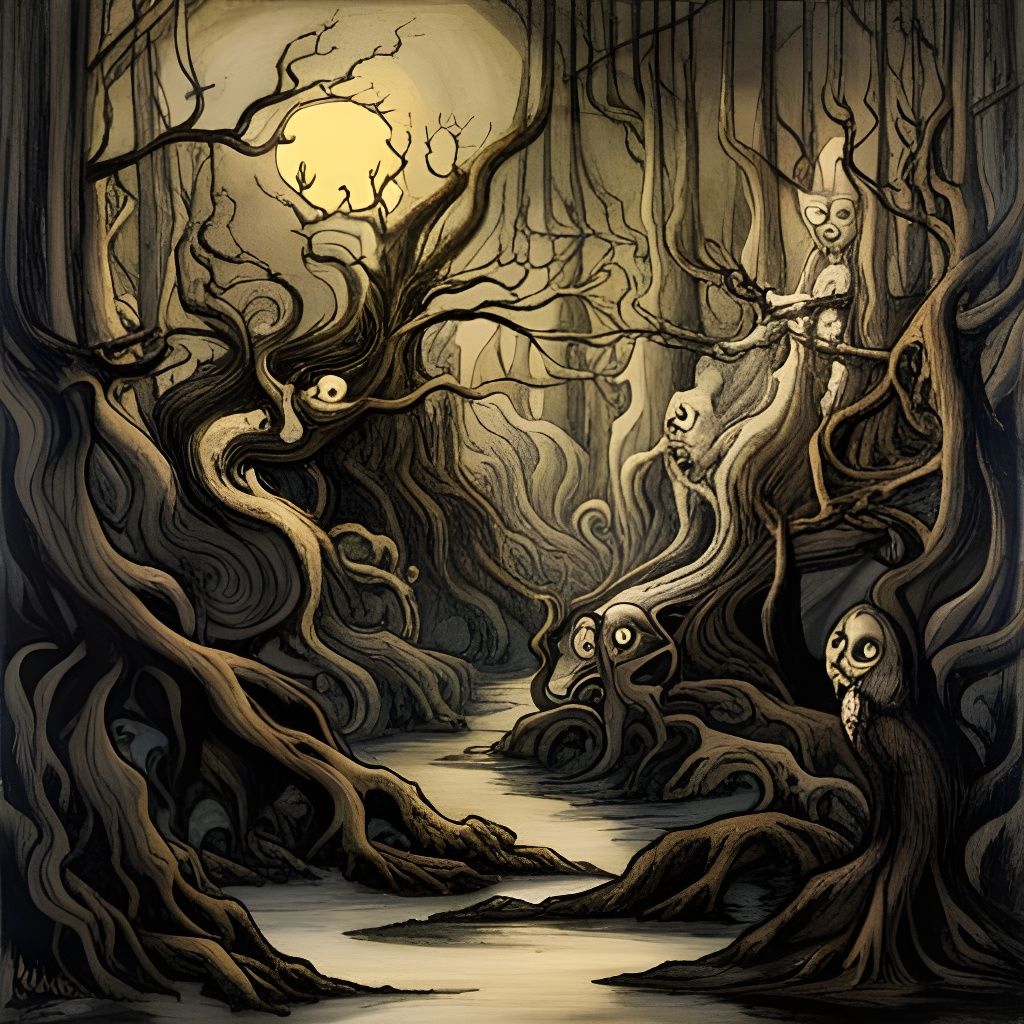 Eerie Forest Scene in Pen and Ink