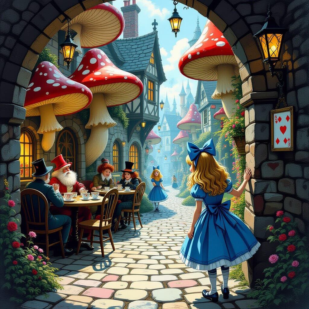 Alice in Wonderland in Eccentric Tavern, Surreal Illustratio...