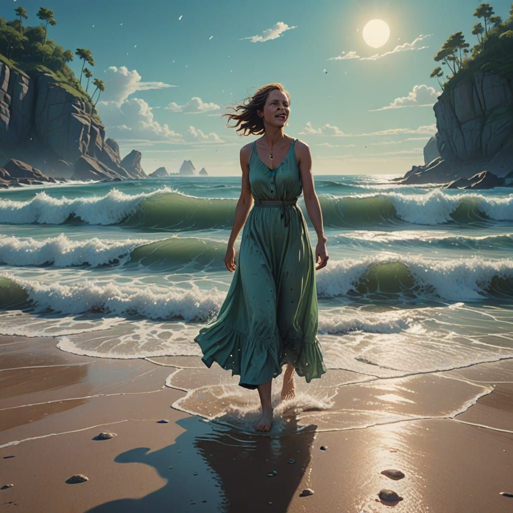 Woman Transforms into Oceanic Fountain in Dreamlike Beach Sc...