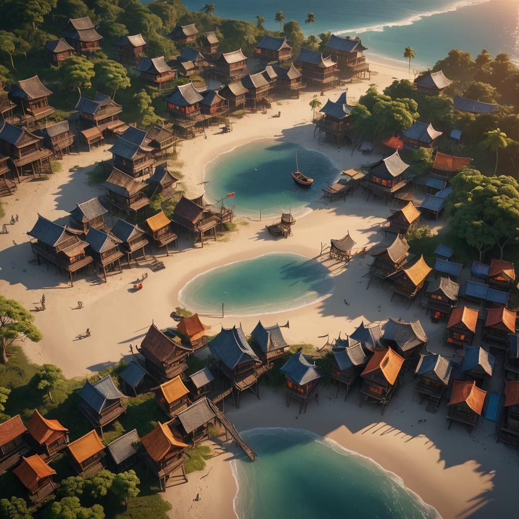 Beach Sunset Village with Asian Architecture