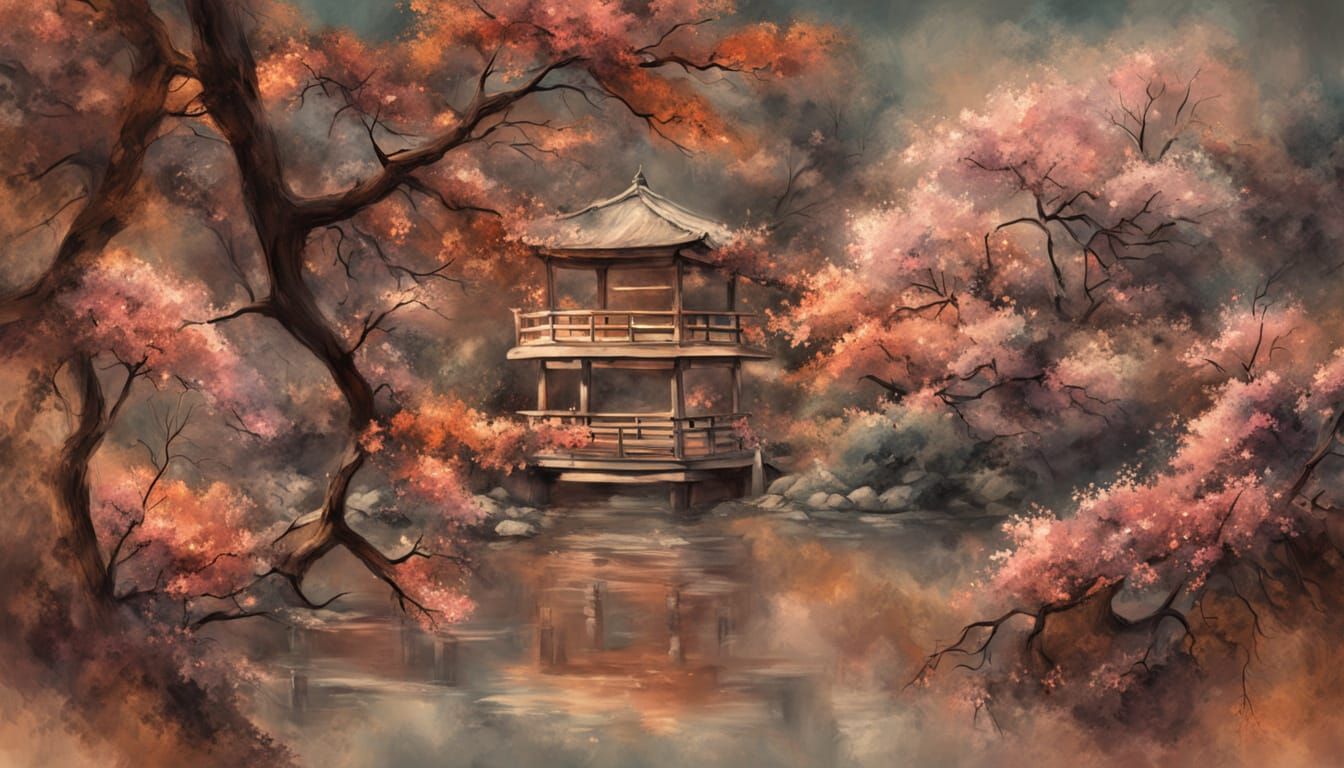 Tranquil Japanese Temple Garden at Sunset