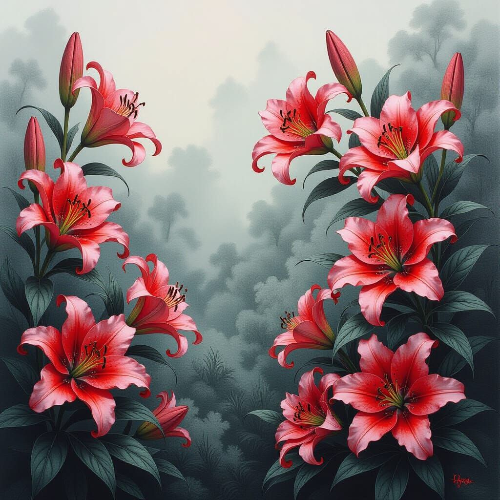 Dreamscape of Multicolored Lilies in Charcoal and Red Ink