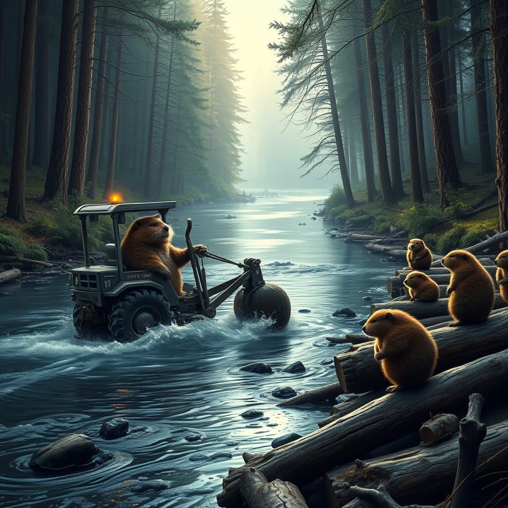 Beaver Operates Digger to Build Dam in Majestic Woodland