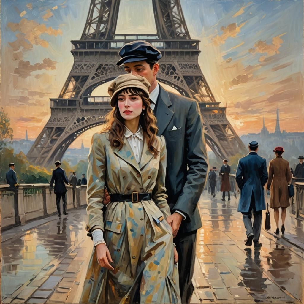 Eiffel Tower Couple in Impressionist Painting Style