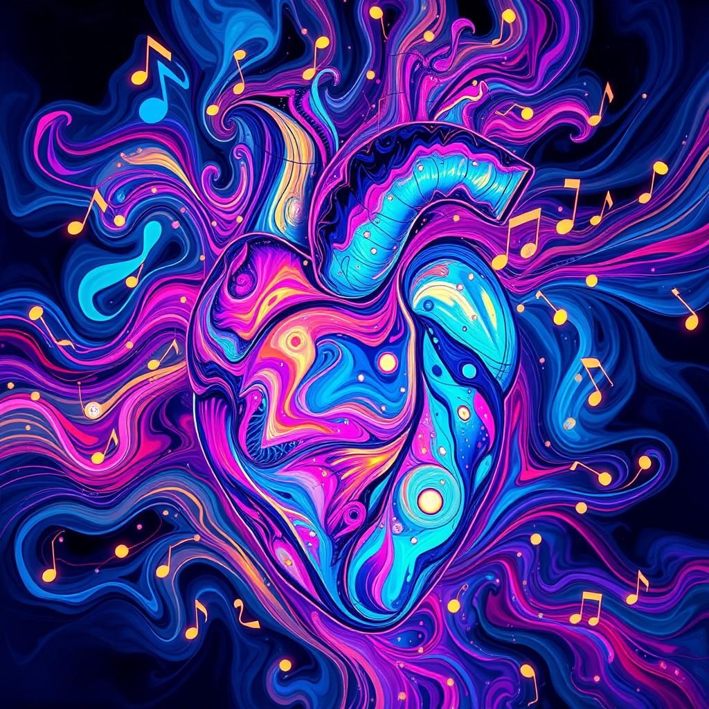Musical Heart: Abstract Liquid Painting in Neon Colors