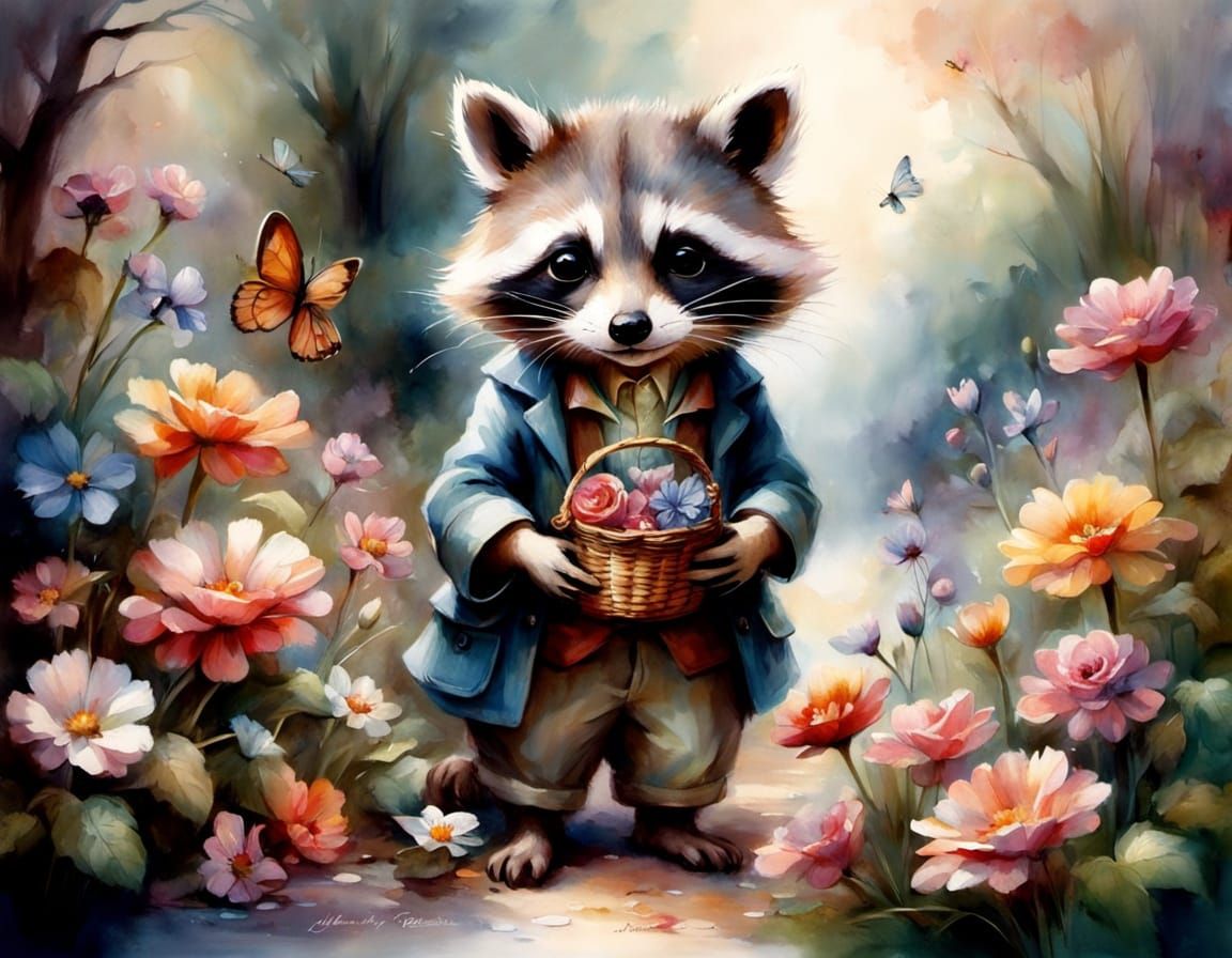 Raccoon Detective in Watercolor Garden, Beatrix Potter Style