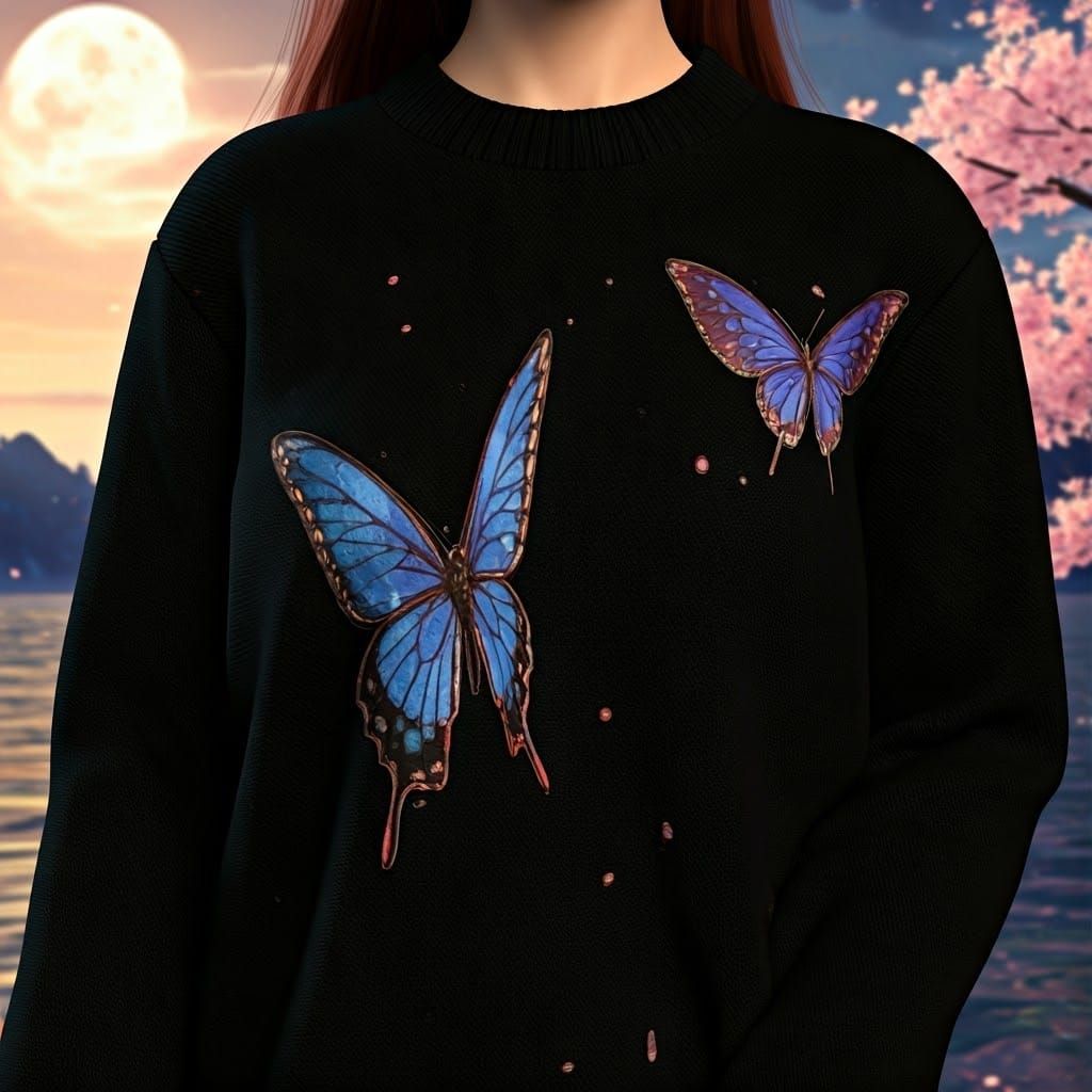 Ethereal Anime-Inspired Sweater with Butterflies in Cherry B...