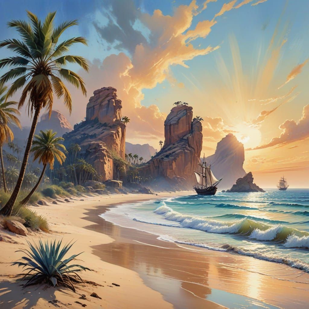 Pirate Ships Moored on Arabian Beach at Golden Hour