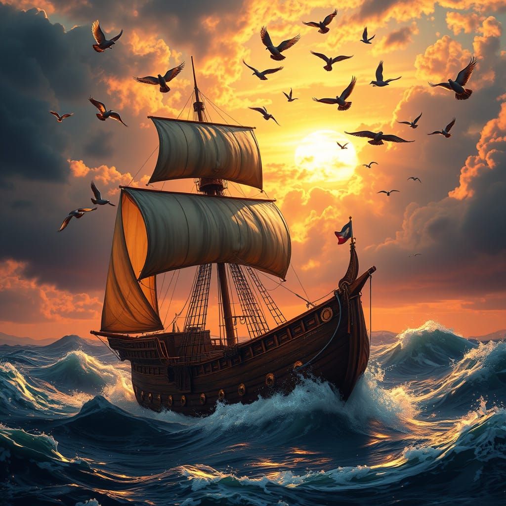 Majestic Small Sailing Ship in Stormy Seas with Pigeons soar...