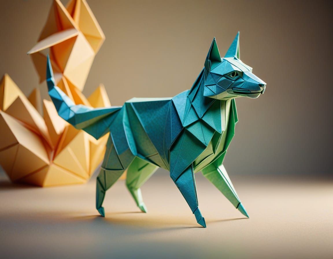 Intricate Origami Animal Sculpture with Iridescent Paper Tex...