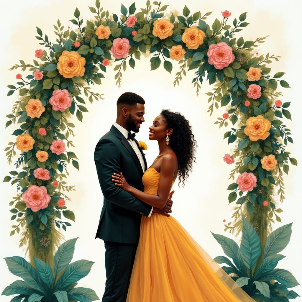 Romantic Black Couple Under Floral Arch in Impressionistic S...