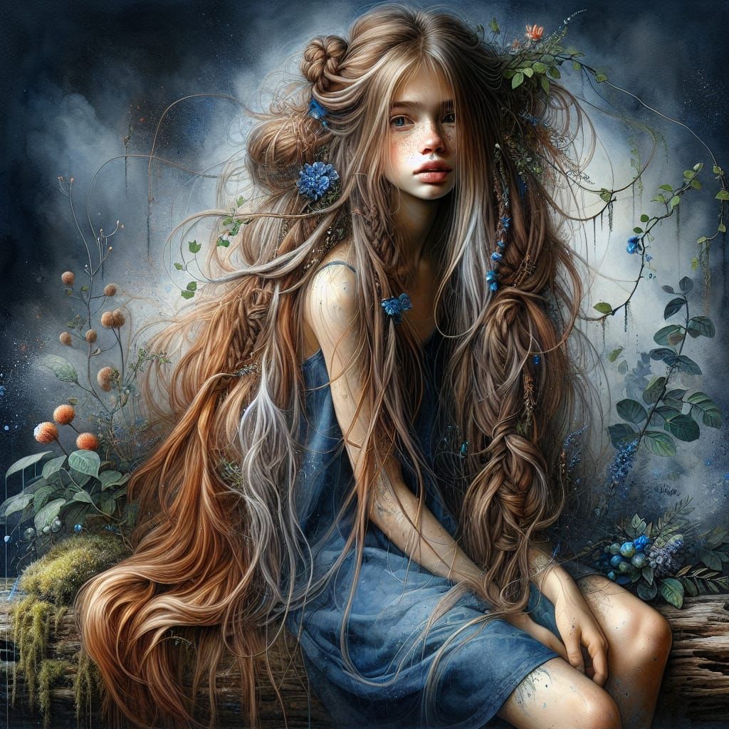 Realistic Girl in Forest, Mixed-Media Art