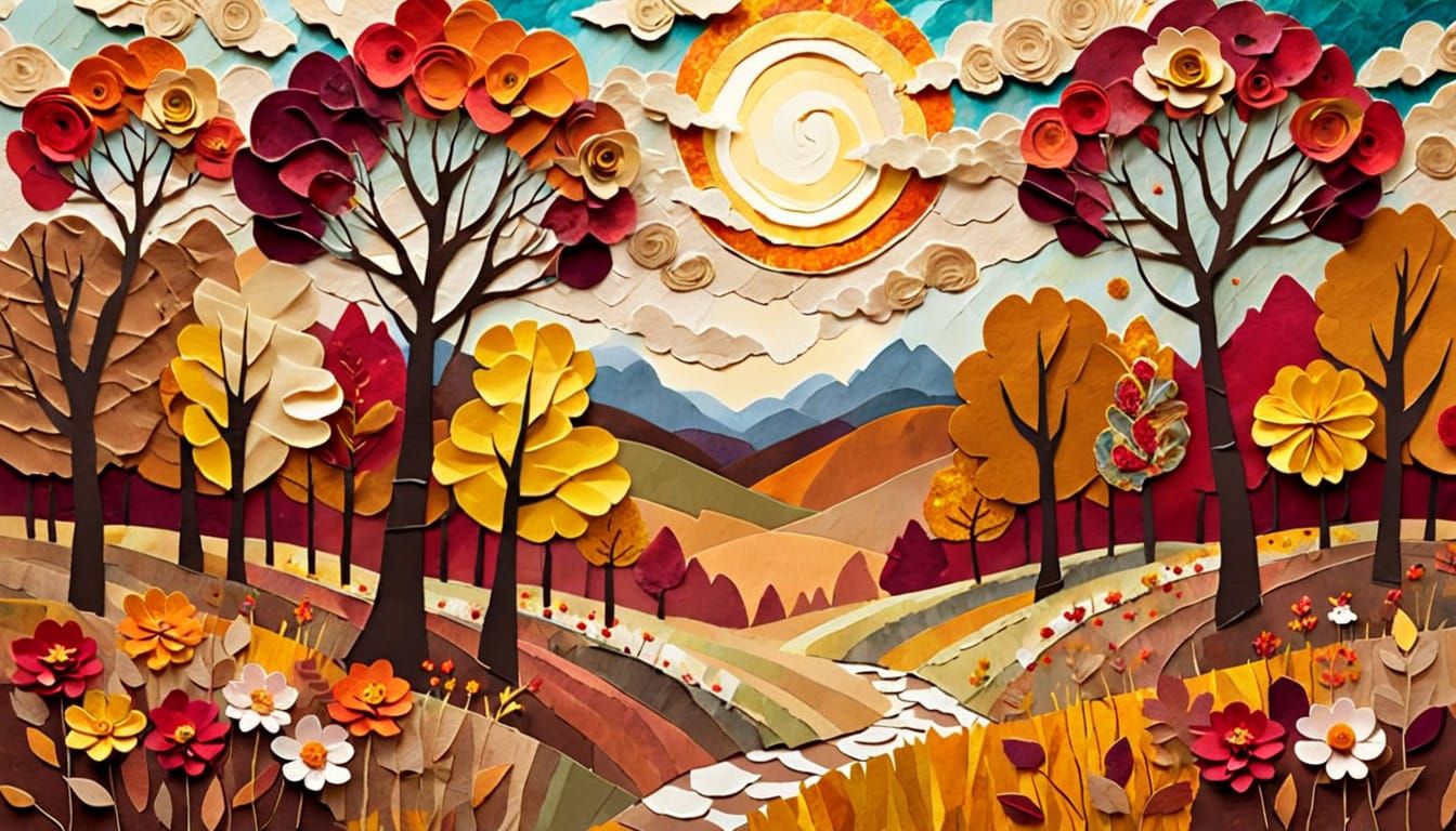 Autumn Meadow in Torn Paper Collage Style