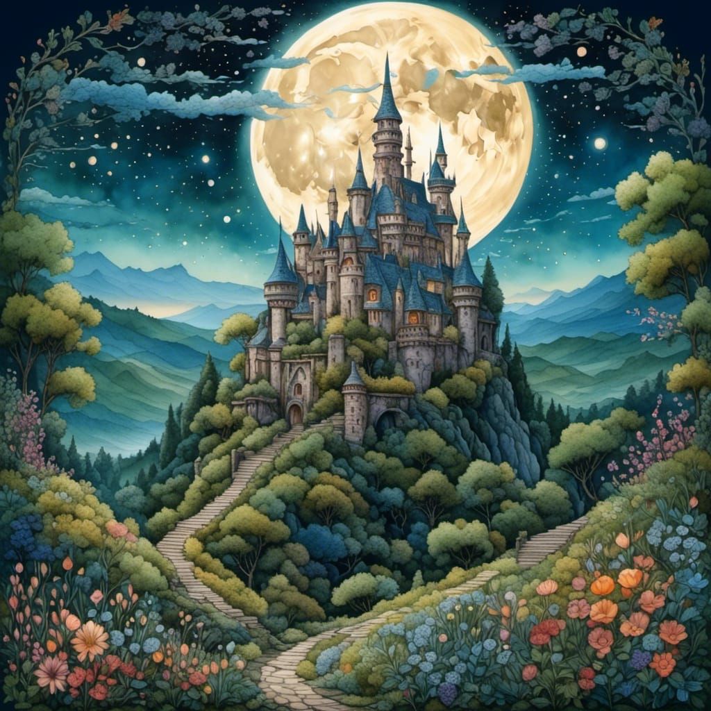 Enchanted Castle in Folk Art Style Under Starry Sky