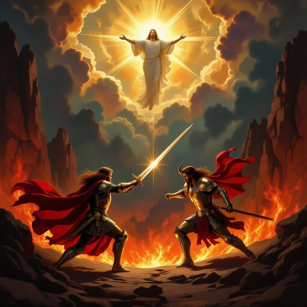 Divine Battle: Jesus vs. Devil Under God's Gaze