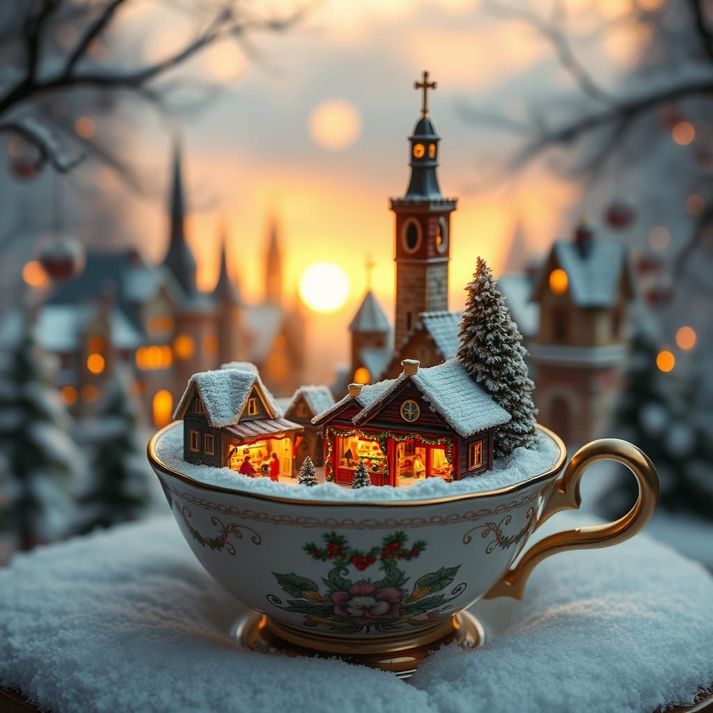 Whimsical Christmas Cityscape in Ornate Porcelain Cup