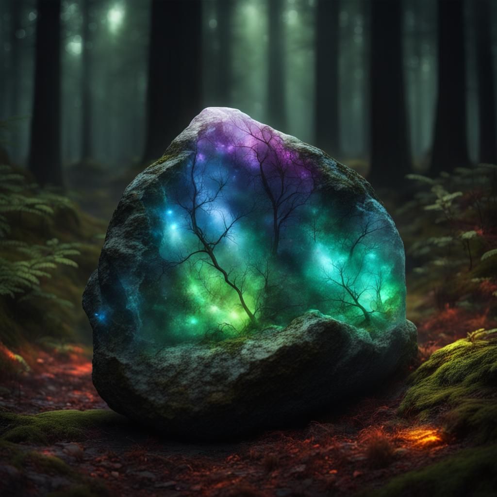 Glowing Stone in Dark Forest: Magical Digital Art