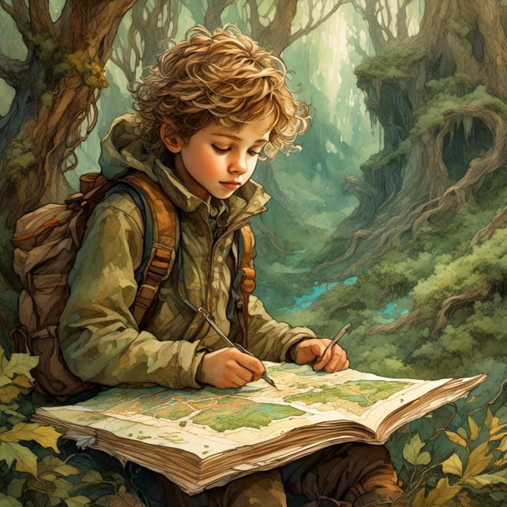 Adventurer in Forest: Dreamy Children's Book Illustration