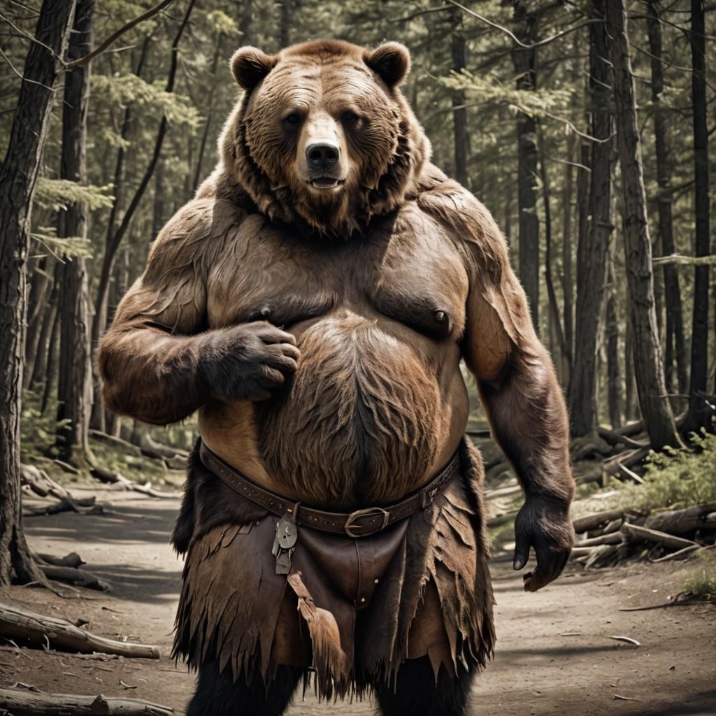 Hyperrealistic Bear Man in Hide Skirt
