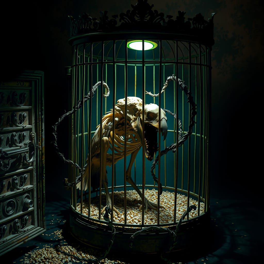 Haunting Antique Birdcage with Skeletal Bird and Shadowy Ten...