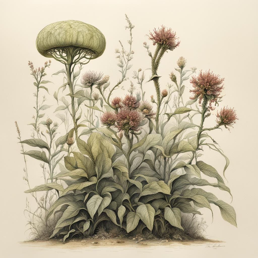 Alien Plant Botanical Study in Colored Ink