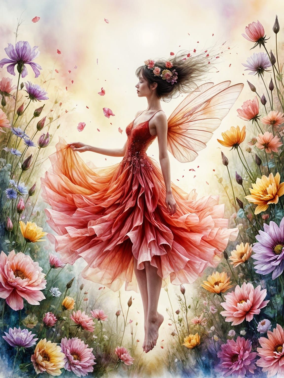 Whimsical Watercolour Fairy Dancing Amongst Vibrant Blossoms