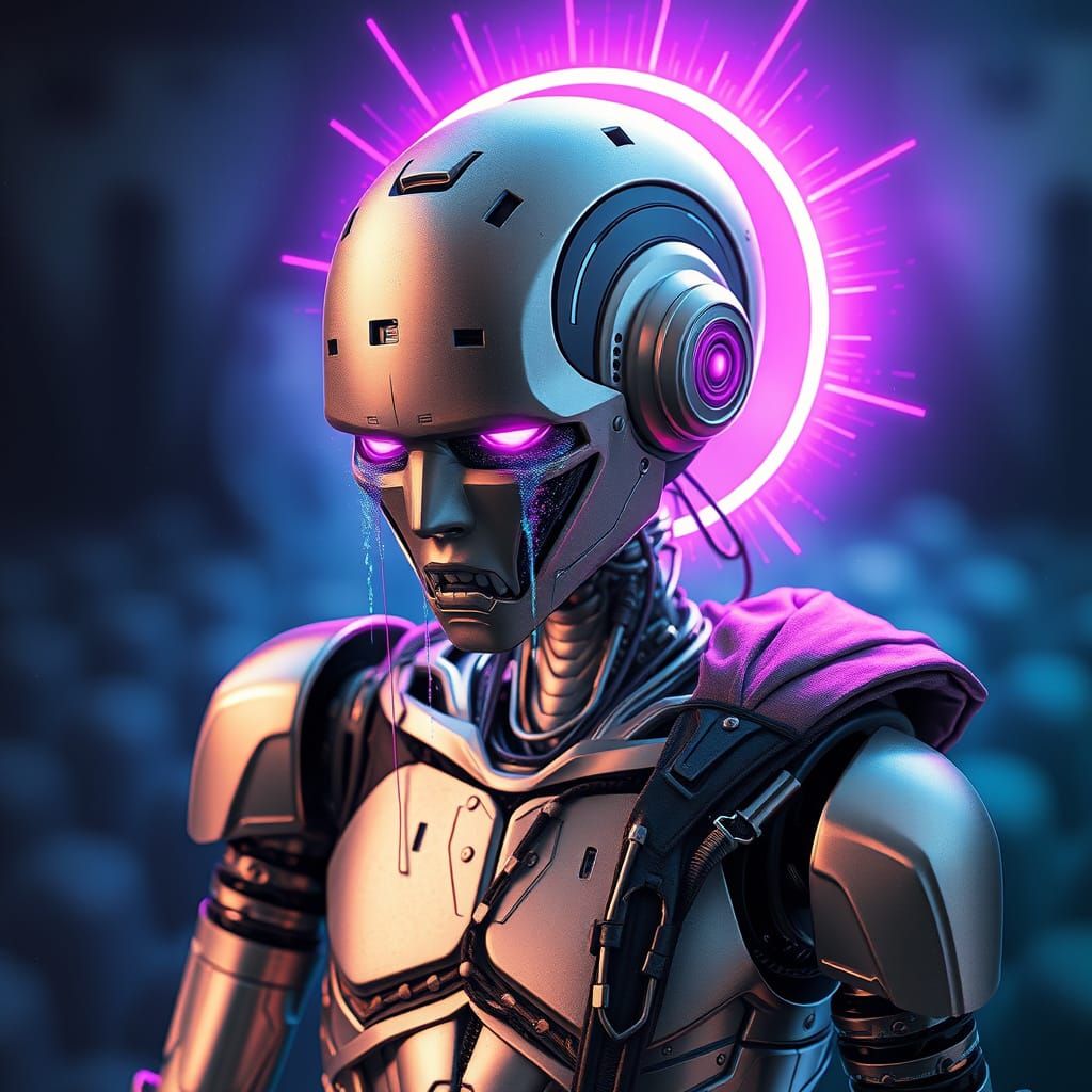 Android Weeping Tears of Stardust in Cyberpunk Style