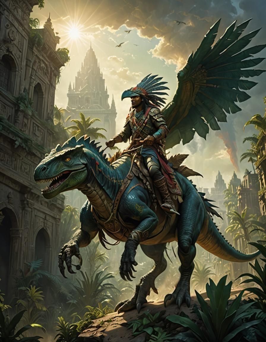 Feathered Dinosaur in Aztec City, Fantasy Artwork