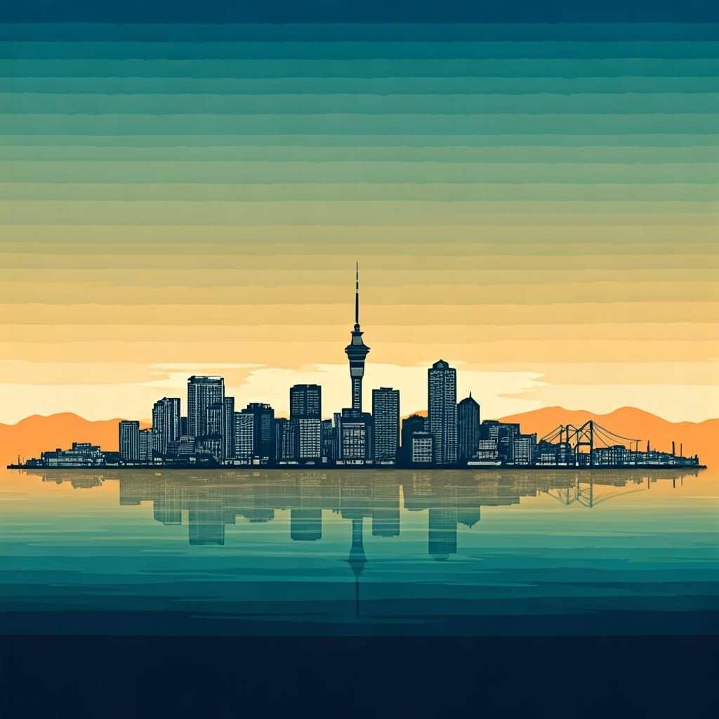 Auckland, New Zealand's skyline at sunset.