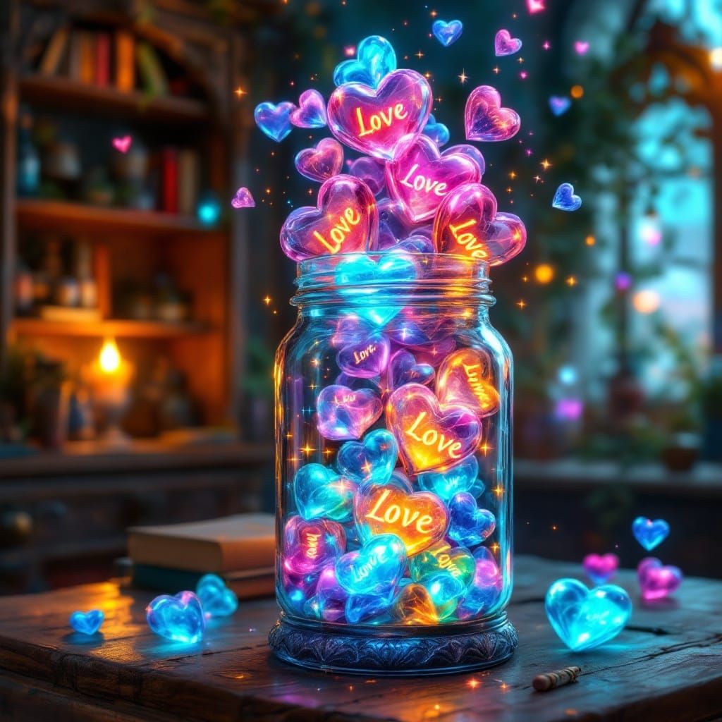 Enchanted Glass Jar Overflows with Bioluminescent Love Heart...
