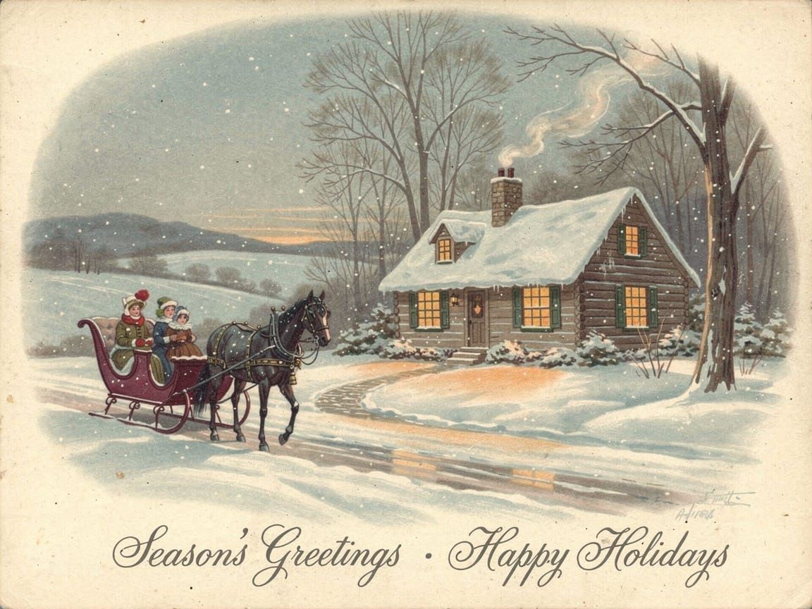 Vintage Currier and Ives Style Winter Holiday Card