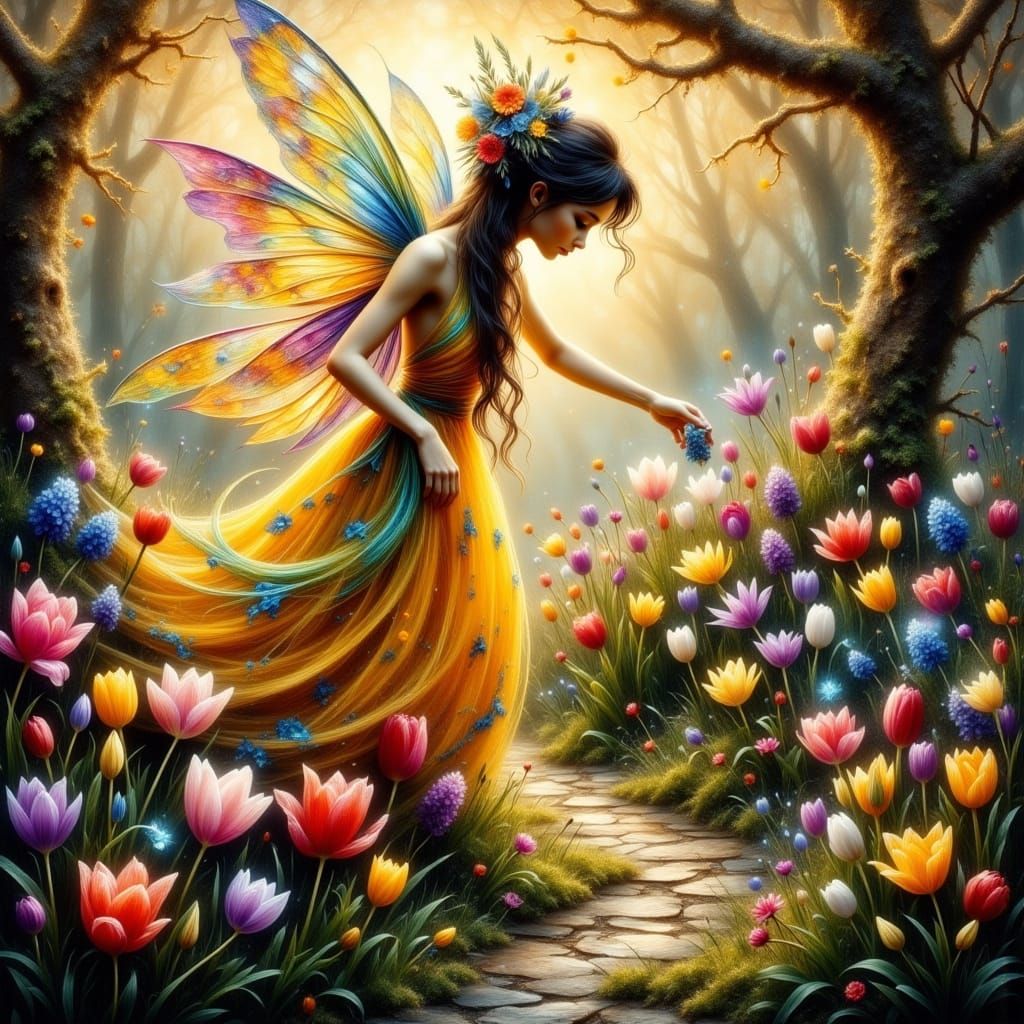 Whimsical Spring Fairy Tending a Lush Garden in a Dreamlike ...
