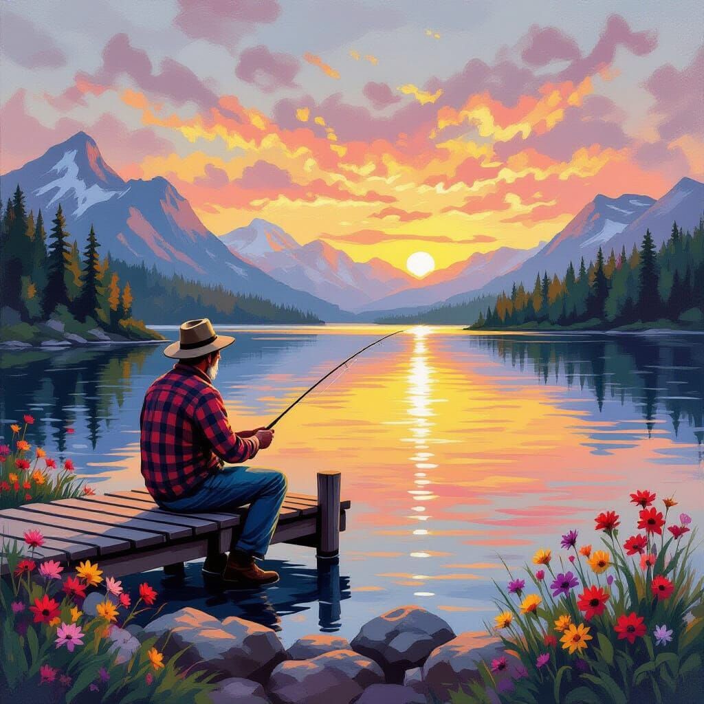 Fisherman on Serene Mountain Lake at Sunset