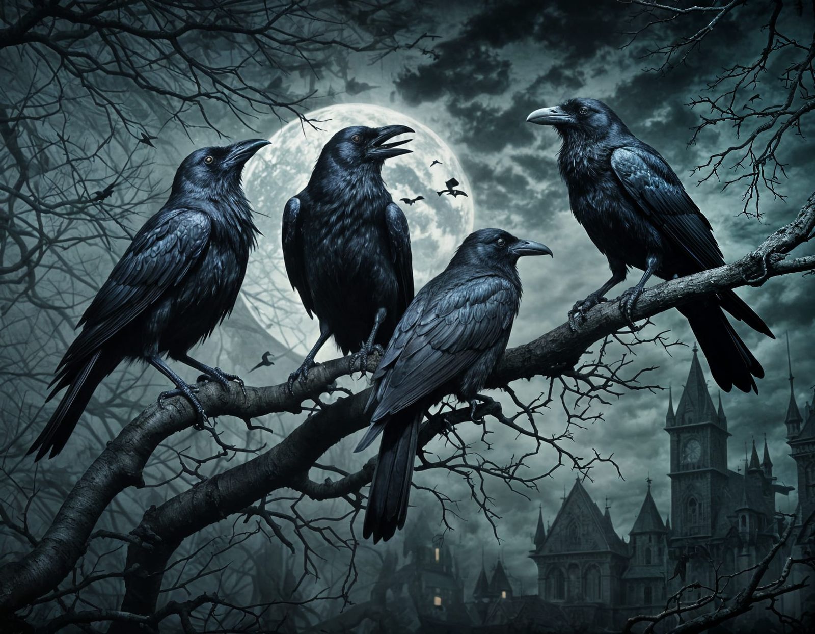 Sinister Crows on Branch in Horror Art Style