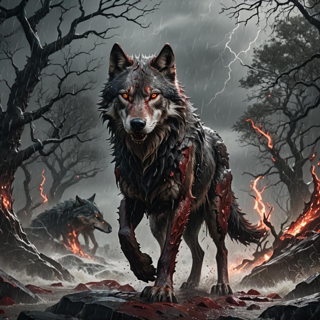 Blood-Covered Wolf in Storm: Detailed Matte Painting
