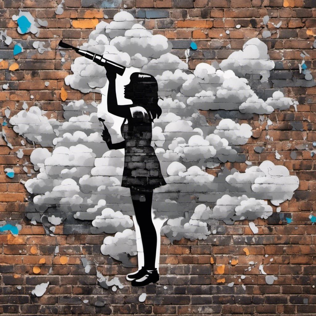 Girl Spray Painting Graffiti in Collage Art Style