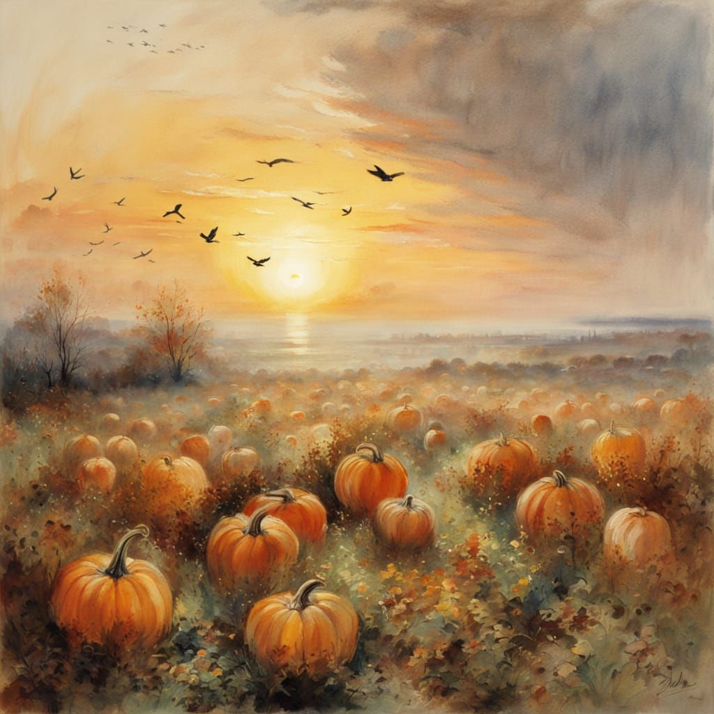 Autumn Pumpkin Patch At Sunrise In Vibrant Watercolour