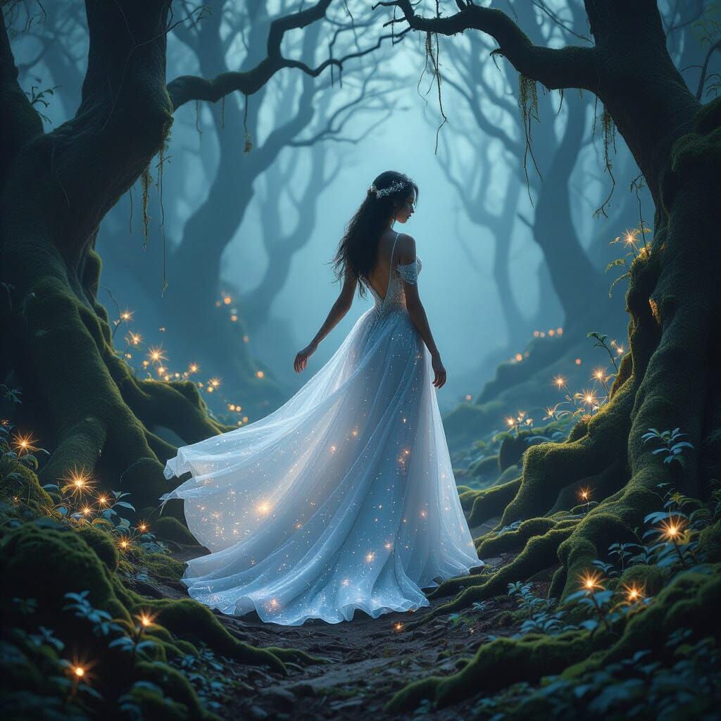 Dancer in Star Dust Gown in Mystical Forest