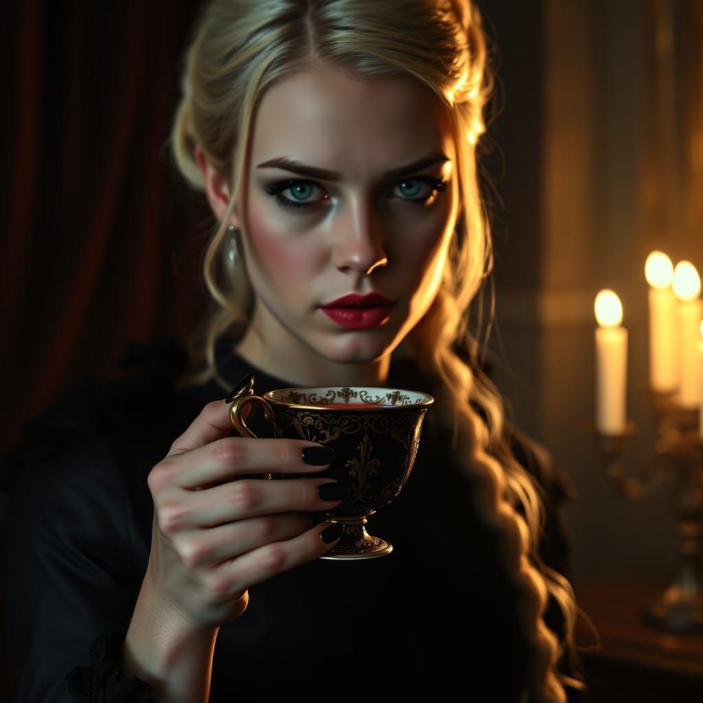Victorian-Style Goth Woman Sipping Blood in a Dimly Lit Atmo...
