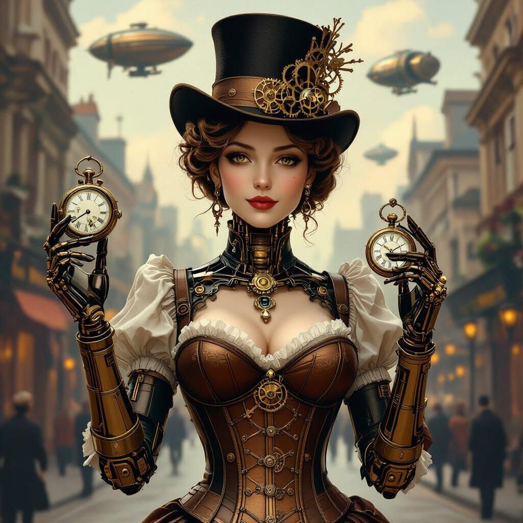 Steampunk fashion digital painting. Medium shot of a sophist...