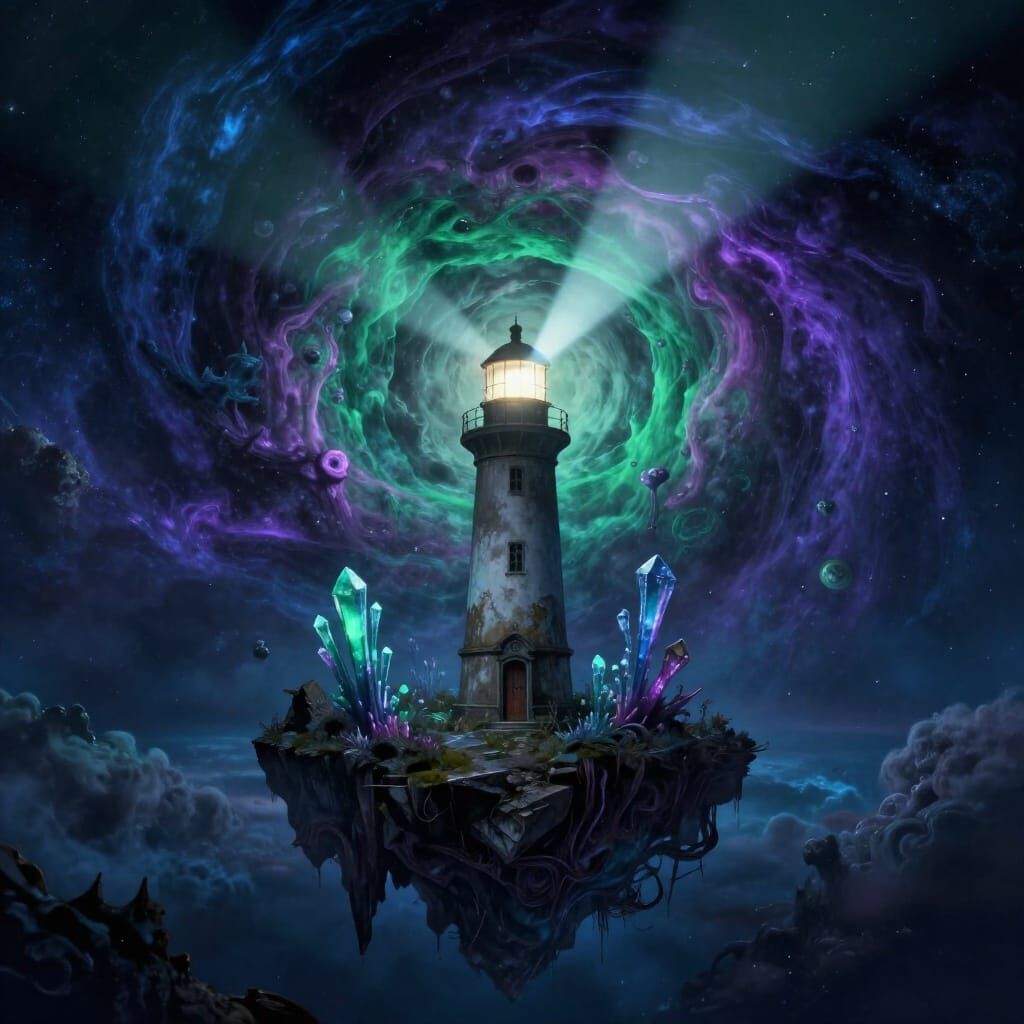 Cosmic Lighthouse on Floating Island in Gas Vortex